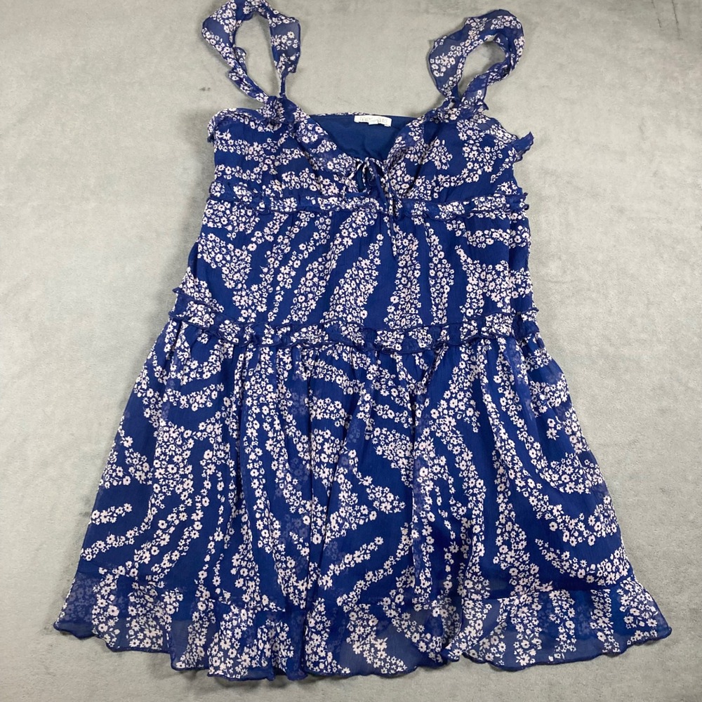 Patrons of Peace Blue Floral Tiered Ruffle Mini Dress Sleeveless Tie Front M